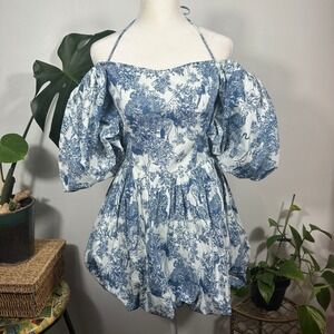 Luna Skies Blue White Toile Puff Sleeve Bubble Hem‎ Mini Dress S